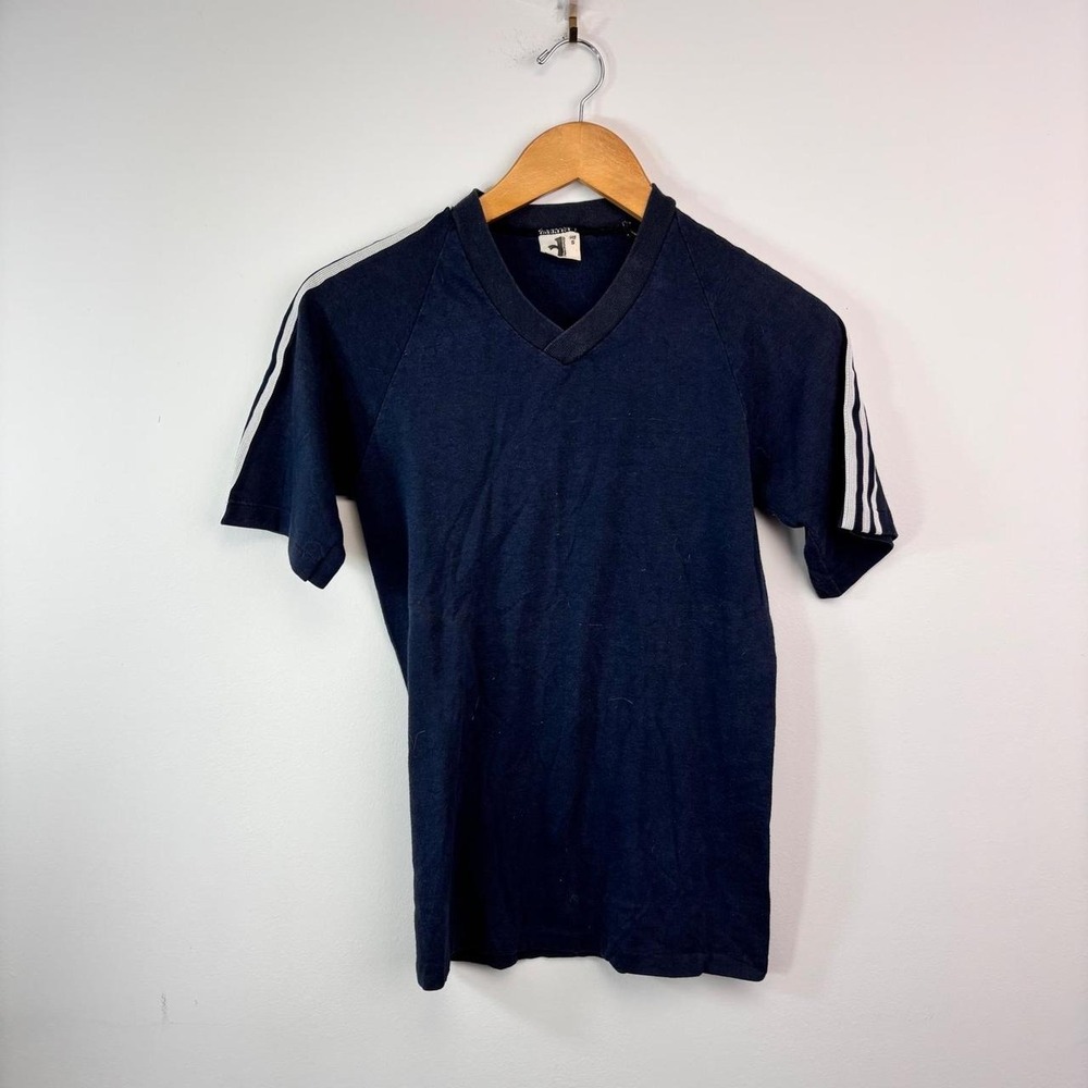 Vintage 1980s D Generation Navy V-Neck 3 Stripe Athletic T-Shirt Small